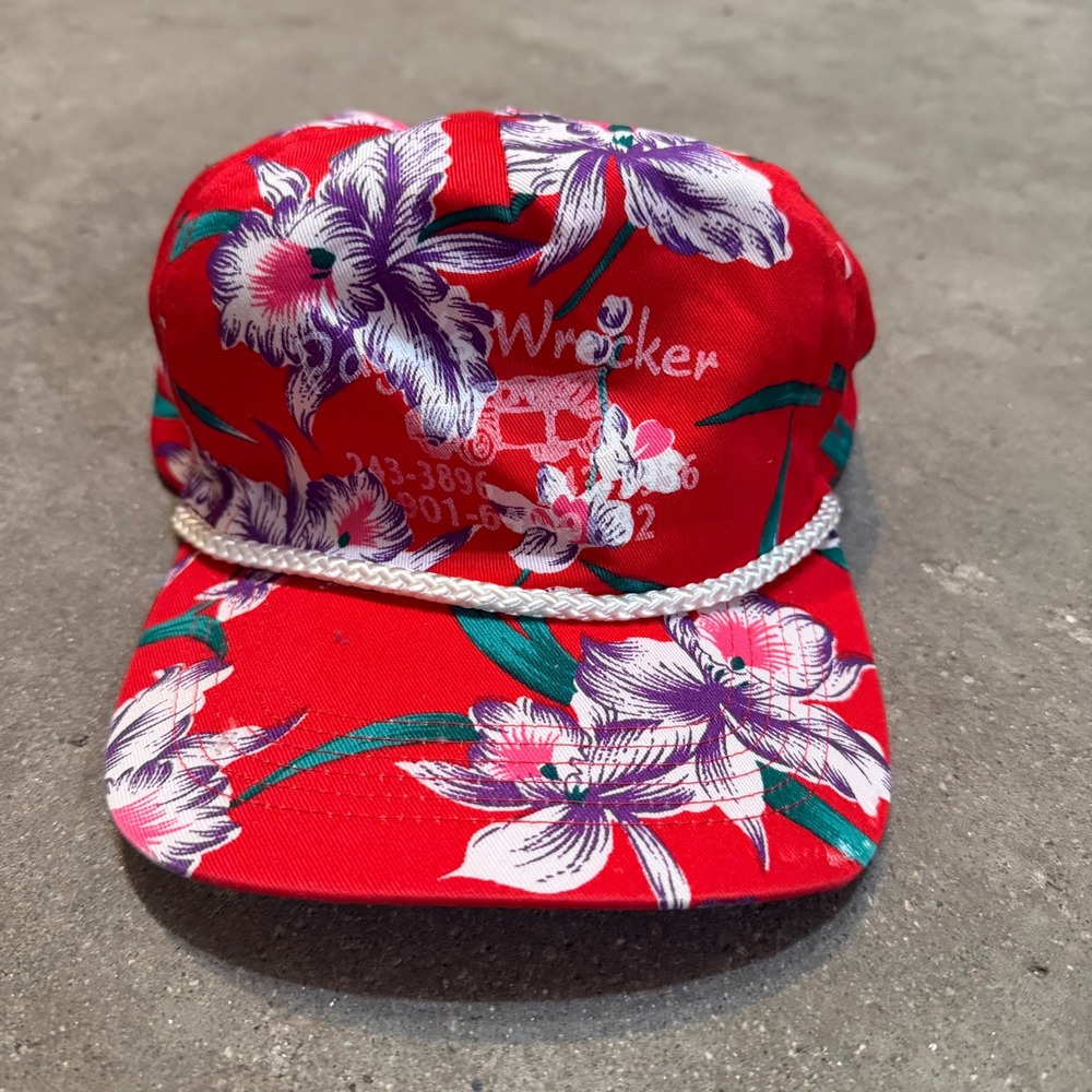VTG San Sun Snapback Hat Mens OSFA Red Floral Hawaiian Wrecker Rope Trucker Cap